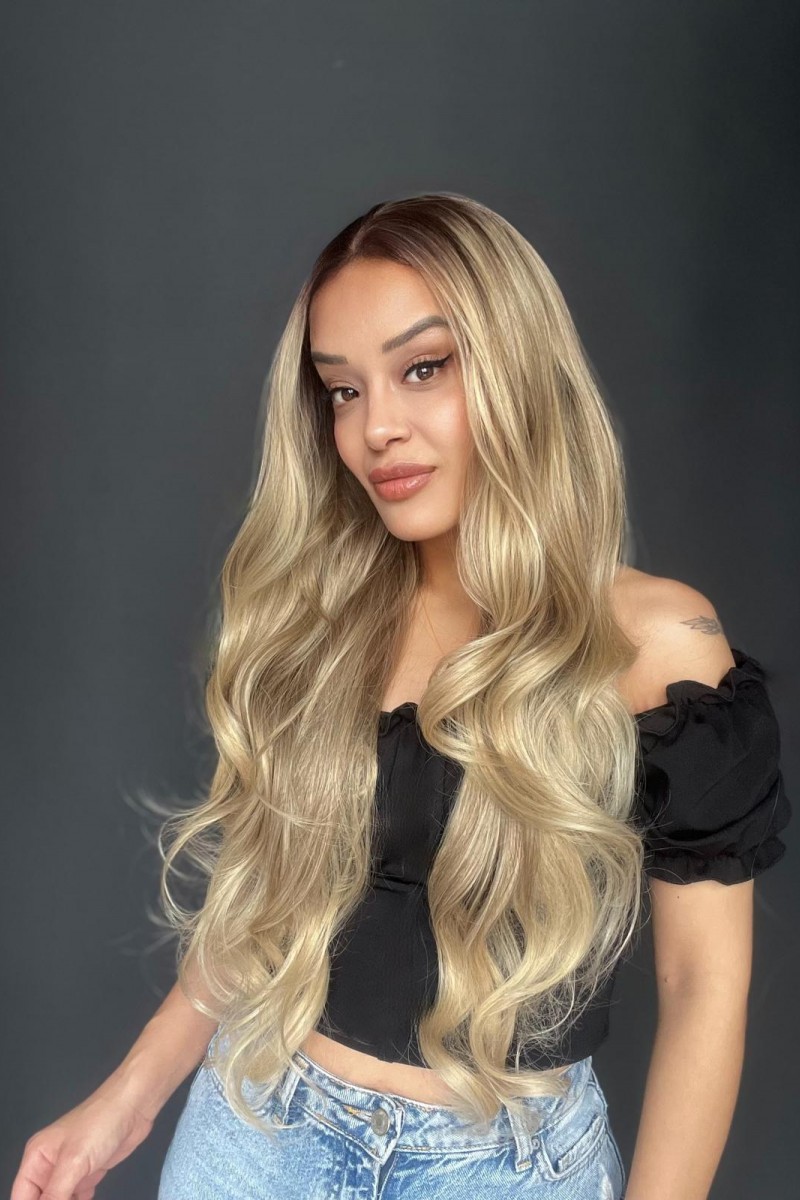 Kumral Platin Ombre ve Röfleli Bebek Saçlı Fiber Sentetik Tül Peruk (Tam tül peruk her yöne ayrımlı)