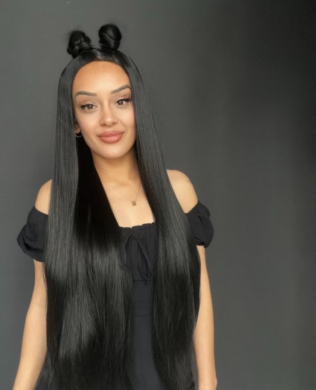 Ekstra Uzun Siyah Fiber Sentetik Düz Tül Peruk (Tam tül peruk her yöne ayrımlı)