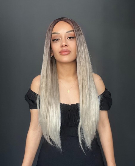 Rus Kumralı Beyaz Platin Ombreli ve Işıltılı Fiber Sentetik Tül Peruk