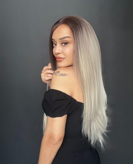 Rus Kumralı Beyaz Platin Ombreli ve Işıltılı Fiber Sentetik Tül Peruk