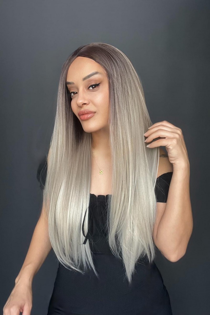 Rus Kumralı Beyaz Platin Ombreli ve Işıltılı Fiber Sentetik Tül Peruk