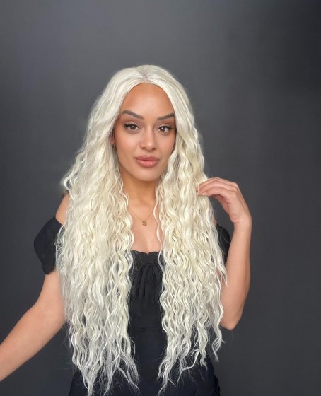 Platin Uzun Afro Dalga Fiber Sentetik Tül Peruk (Her yöne ayrım Tam Tül)