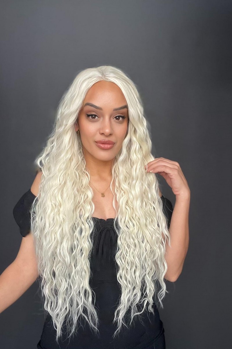 Platin Uzun Afro Dalga Fiber Sentetik Tül Peruk (Her yöne ayrım Tam Tül)