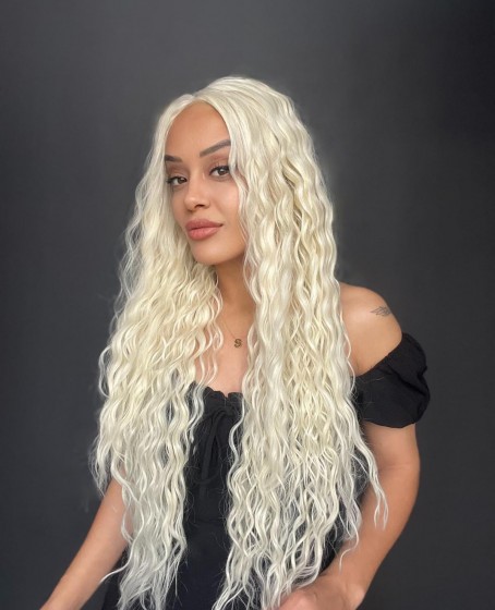 Platin Uzun Afro Dalga Fiber Sentetik Tül Peruk (Her yöne ayrım Tam Tül)