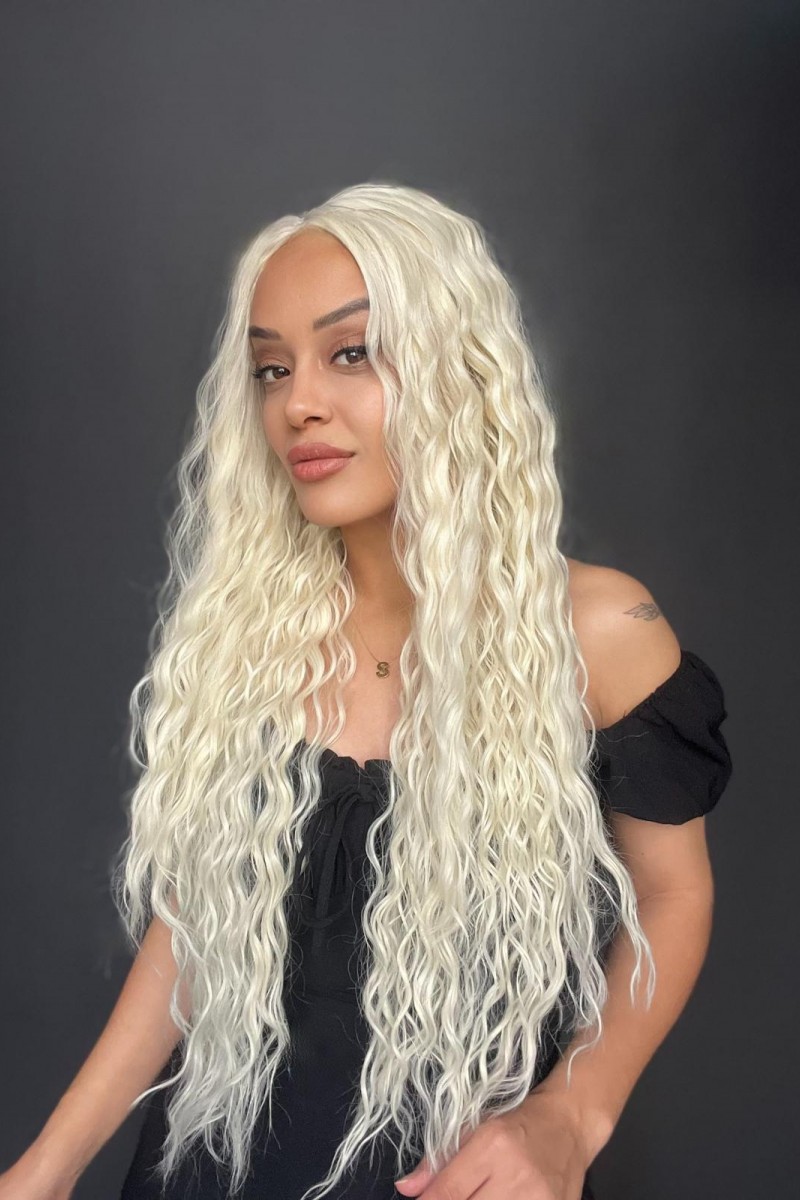 Platin Uzun Afro Dalga Fiber Sentetik Tül Peruk (Her yöne ayrım Tam Tül)