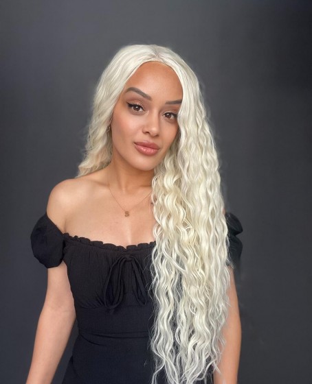 Platin Uzun Afro Dalga Fiber Sentetik Tül Peruk (Her yöne ayrım Tam Tül)