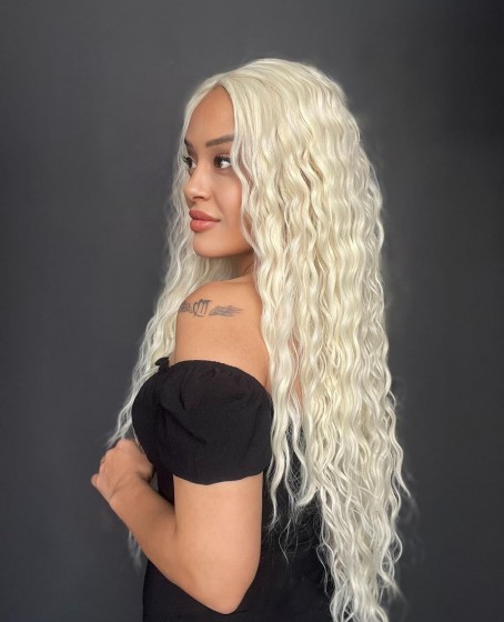 Platin Uzun Afro Dalga Fiber Sentetik Tül Peruk (Her yöne ayrım Tam Tül)