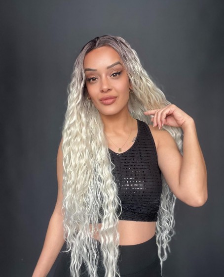 Açık Kumral Platin Ombreli Fiber Sentetik Tül Peruk (Her yöne full ayrımlı tam tül peruk)