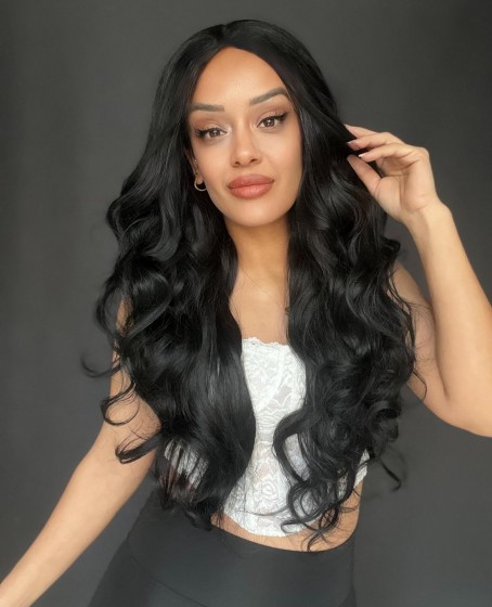 Gür Yoğun Su Dalgalı Siyah Fiber Sentetik Uzun Tül Peruk (Tam tül peruk her yöne ayrımlı)