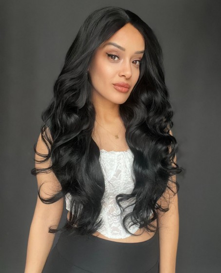 Gür Yoğun Su Dalgalı Siyah Fiber Sentetik Uzun Tül Peruk (Tam tül peruk her yöne ayrımlı)