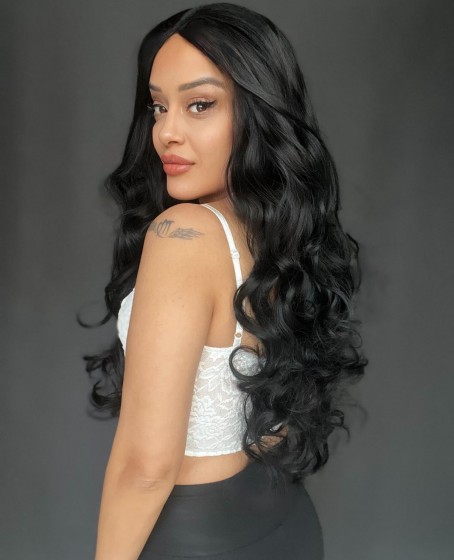 Gür Yoğun Su Dalgalı Siyah Fiber Sentetik Uzun Tül Peruk (Tam tül peruk her yöne ayrımlı)