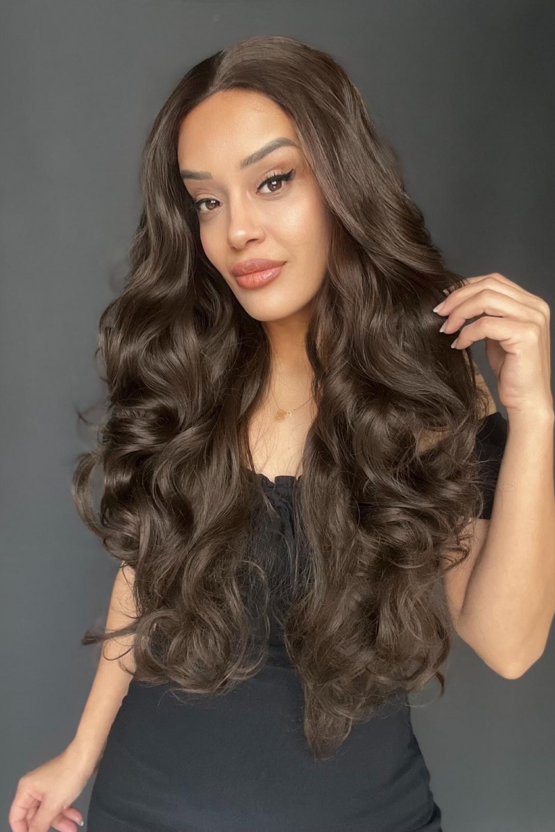 Gür Yoğun Su Dalgalı Koyu Kumral Fiber Sentetik Uzun Tül Peruk (Tam tül peruk heryöne ayrımlı)