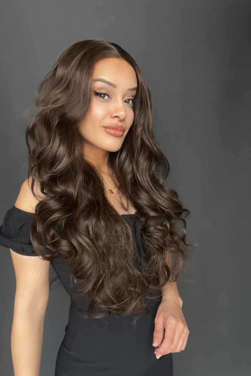 Gür Yoğun Su Dalgalı Koyu Kumral Fiber Sentetik Uzun Tül Peruk (Tam tül peruk heryöne ayrımlı)