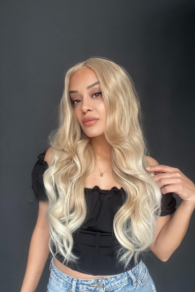 Açık Rus Kumralı Beyaz Platin Ombre Fiber Sentetik Tül Peruk