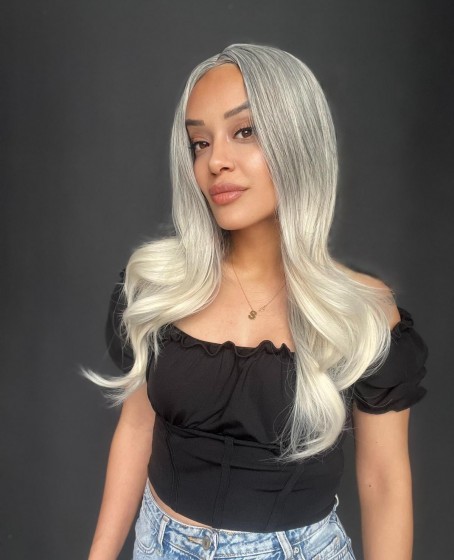 Siyah Beyaz Platin Ombre ve Röfleli Tül Peruk (Tepe kısmı Mini Baby ön tül peruk)