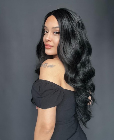 Uzun Siyah Su Dalgalı Fiber Sentetik Tül Peruk (Tepe Mini Baby tepe önler tül)