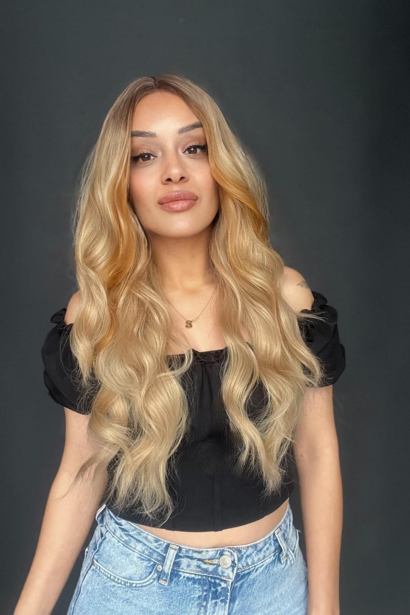 Koyu Kumral Dore Sarı Ombreli Perçemler Bakır Işıltılı Tül Peruk (Mini Baby Tepe önler tül)