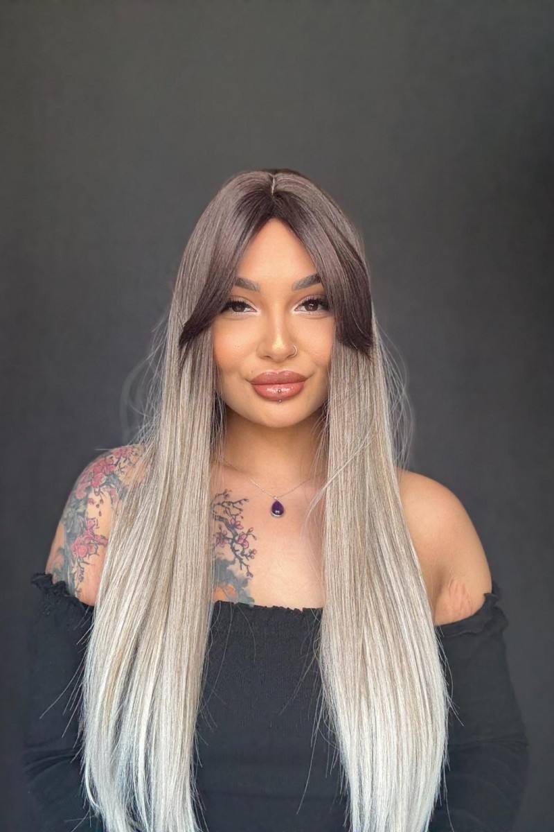 Düz Uzun Yan kahküllü Ombreli Tepe Kısmı cilt Medikal Peruk Özel Koleksiyon