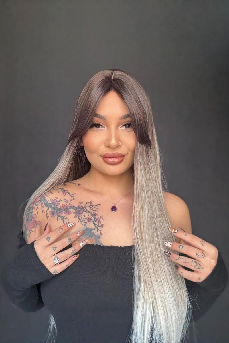 Düz Uzun Yan kahküllü Ombreli Tepe Kısmı cilt Medikal Peruk Özel Koleksiyon