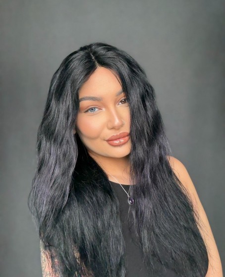 Hayalet Tül peruk Yıka çık doğal dalgalı model  Siyah mor ışıltılı renkte