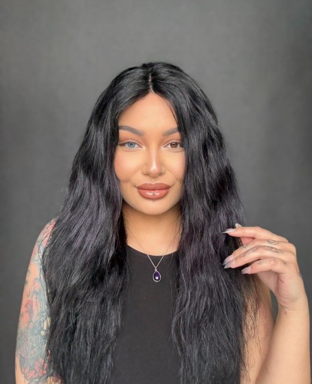 Hayalet Tül peruk Yıka çık doğal dalgalı model  Siyah mor ışıltılı renkte