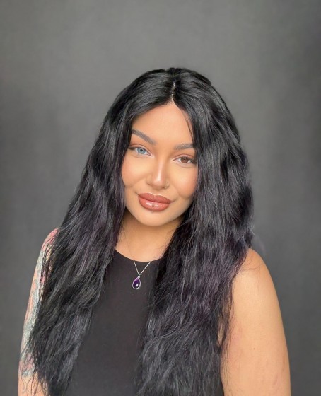 Hayalet Tül peruk Yıka çık doğal dalgalı model  Siyah mor ışıltılı renkte