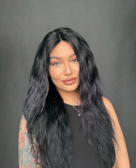 Hayalet Tül peruk Yıka çık doğal dalgalı model  Siyah mor ışıltılı renkte