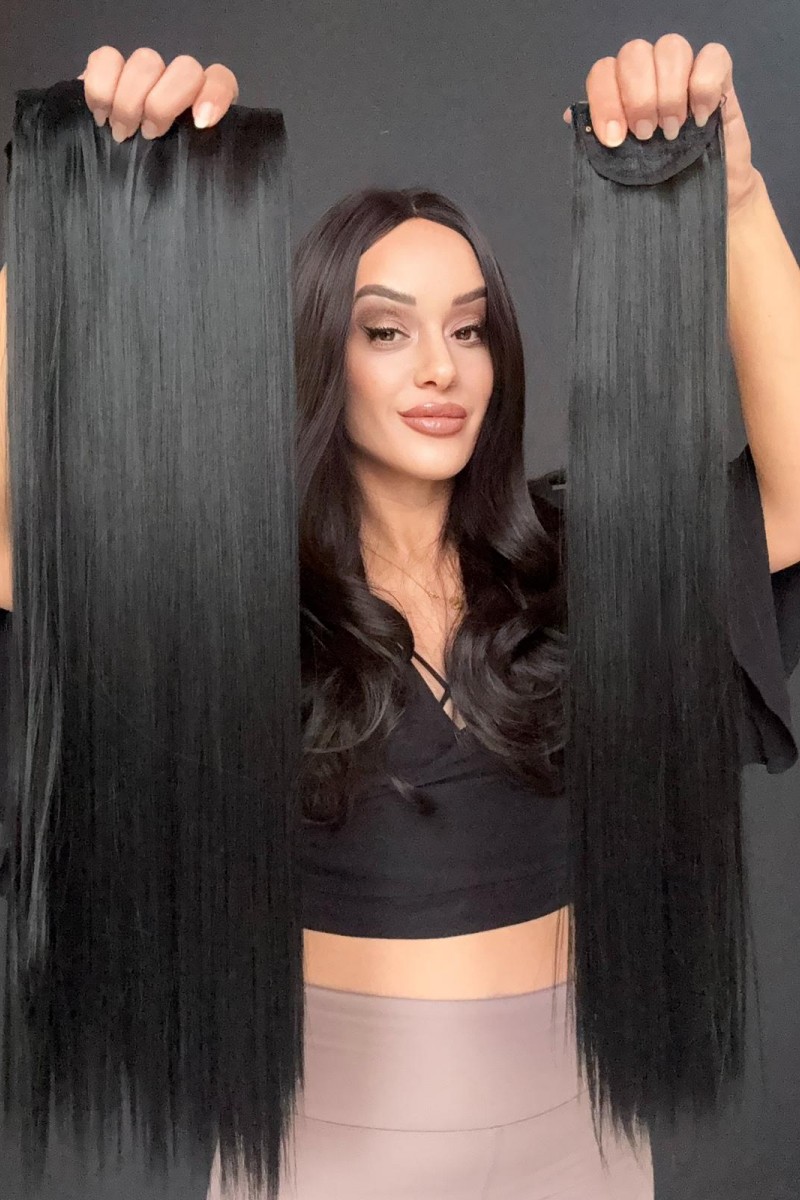 Mavi Siyah Gerçek Saç Dokusunda Fiber sentetik Yarımay+2 yan çıtçıt saç