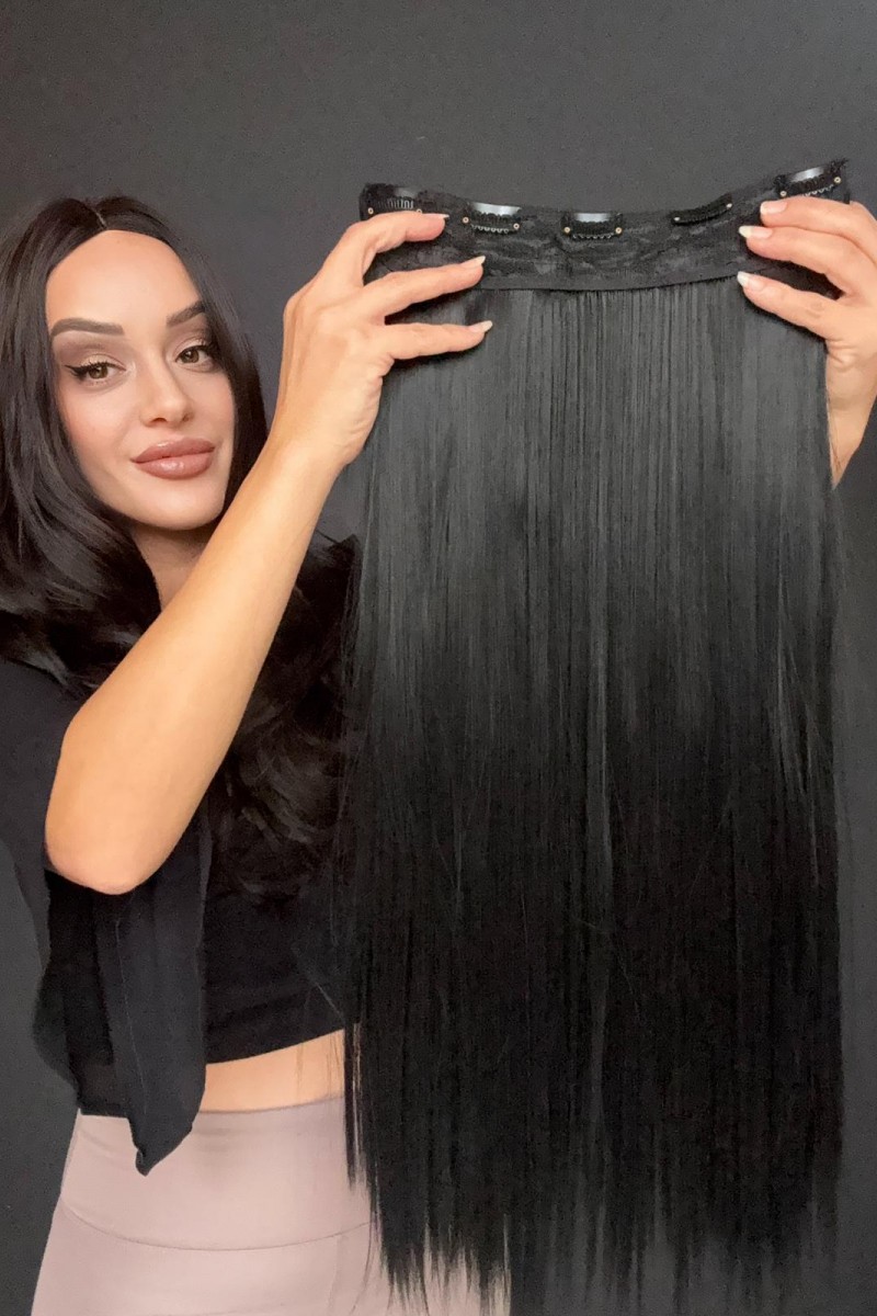 Mavi Siyah Gerçek Saç Dokusunda Fiber sentetik Yarımay+2 yan çıtçıt saç