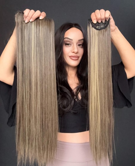 Gerçek Saç Dokusunda Fiber sentetik Yarımay+2 yan çıtçıt saç