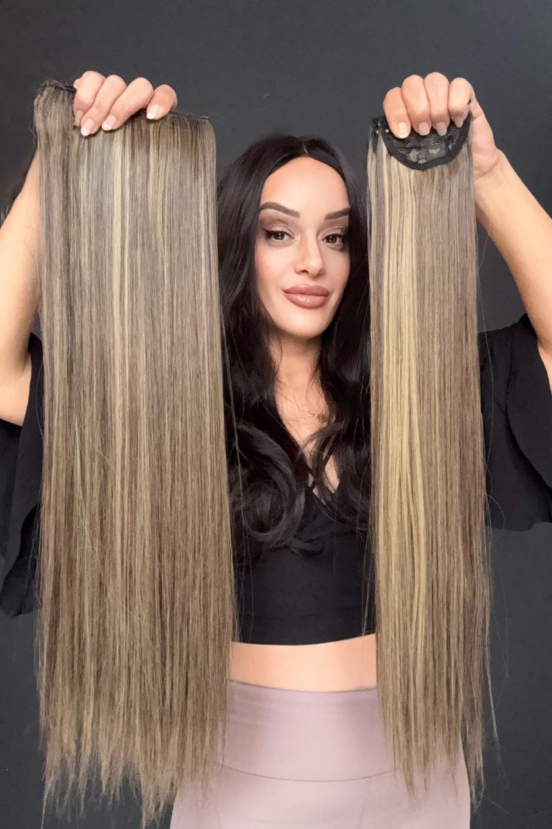 Rus Kumralı Işıltılı Gerçek Saç Dokusunda Fiber sentetik Yarımay+2 yan çıtçıt saç