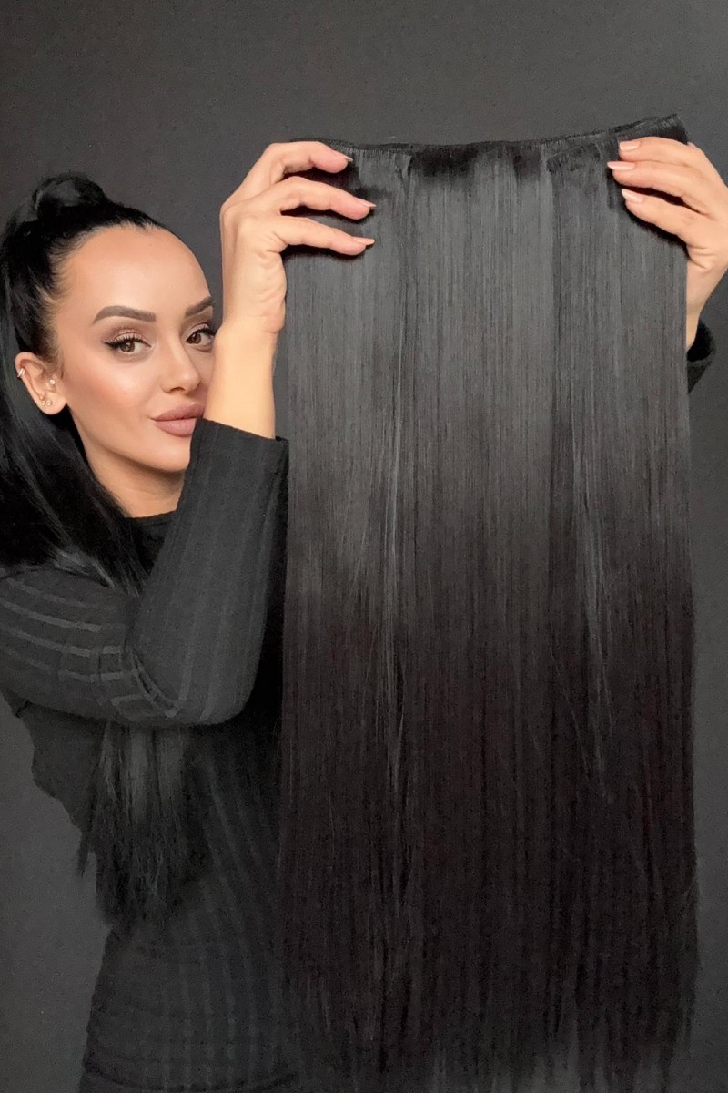 Siyah-Gerçek Saç Dokusunda Fiber sentetik Yarımay+2 yan çıtçıt saç