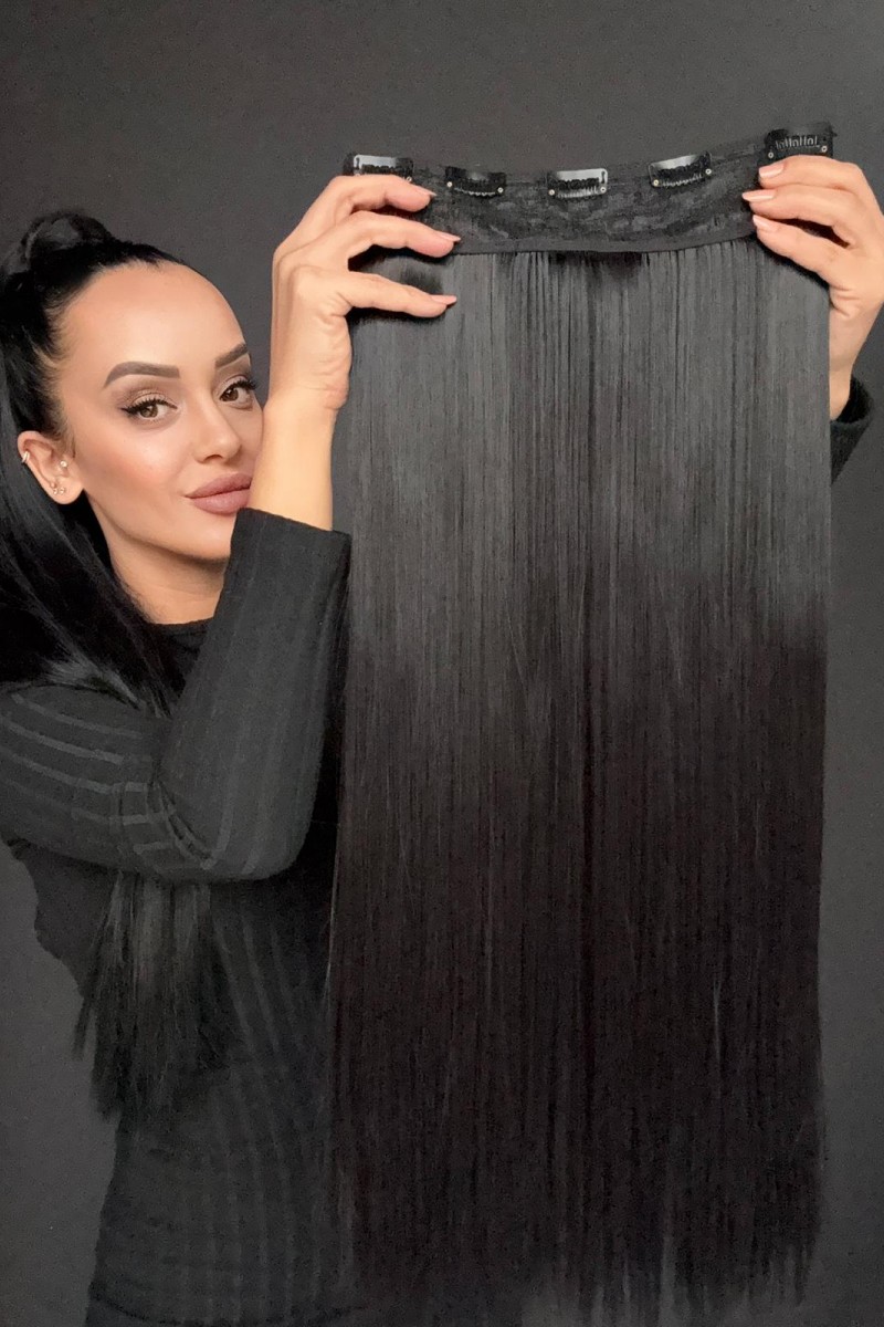 Siyah-Gerçek Saç Dokusunda Fiber sentetik Yarımay+2 yan çıtçıt saç