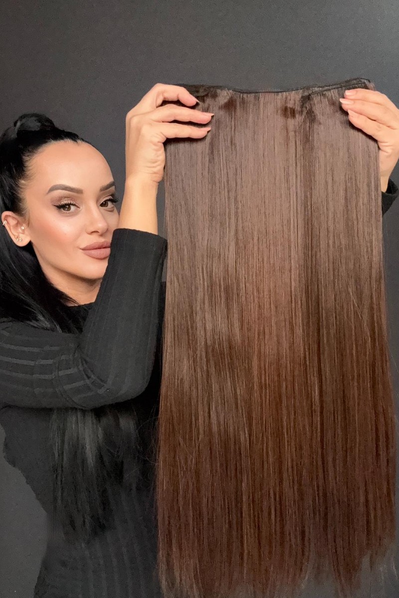 Gizemli Kahve Gerçek Saç Dokusunda Fiber sentetik Yarımay+2 yan çıtçıt saç