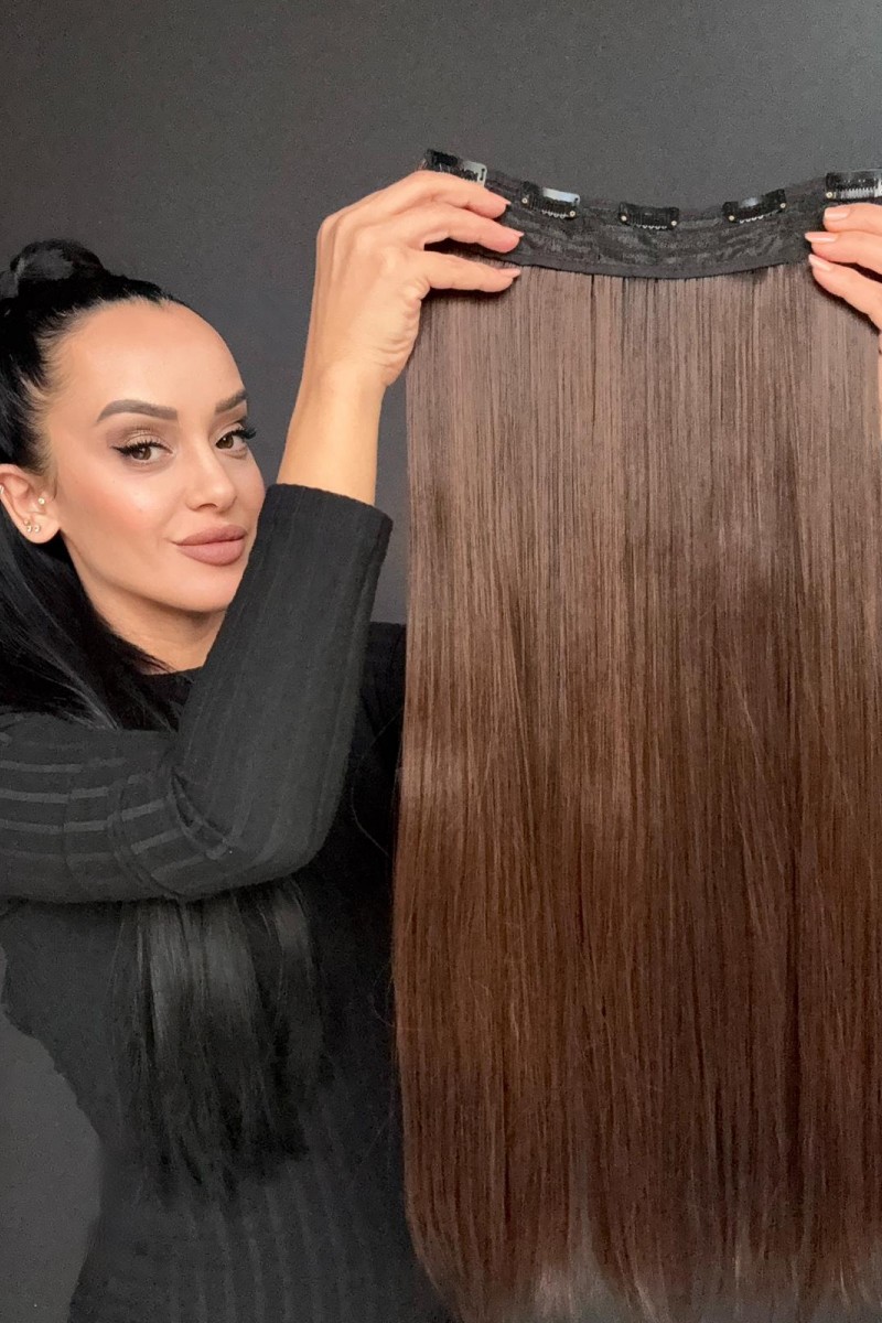 Gizemli Kahve Gerçek Saç Dokusunda Fiber sentetik Yarımay+2 yan çıtçıt saç