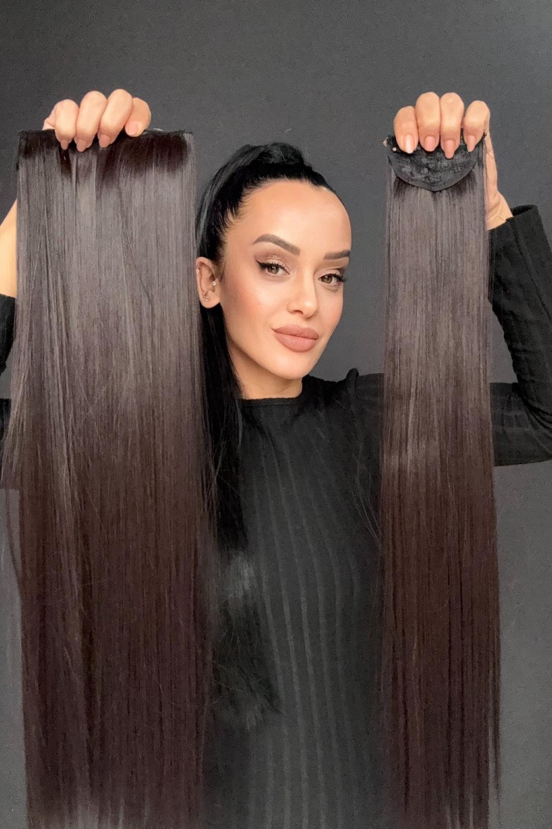 Mokka Kahve Gerçek Saç Dokusunda Fiber sentetik Yarımay+2 yan çıtçıt saç