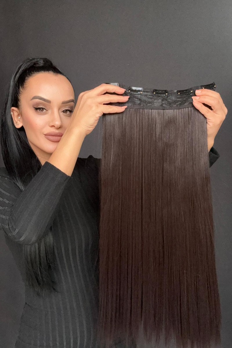 Mokka Kahve Gerçek Saç Dokusunda Fiber sentetik Yarımay+2 yan çıtçıt saç
