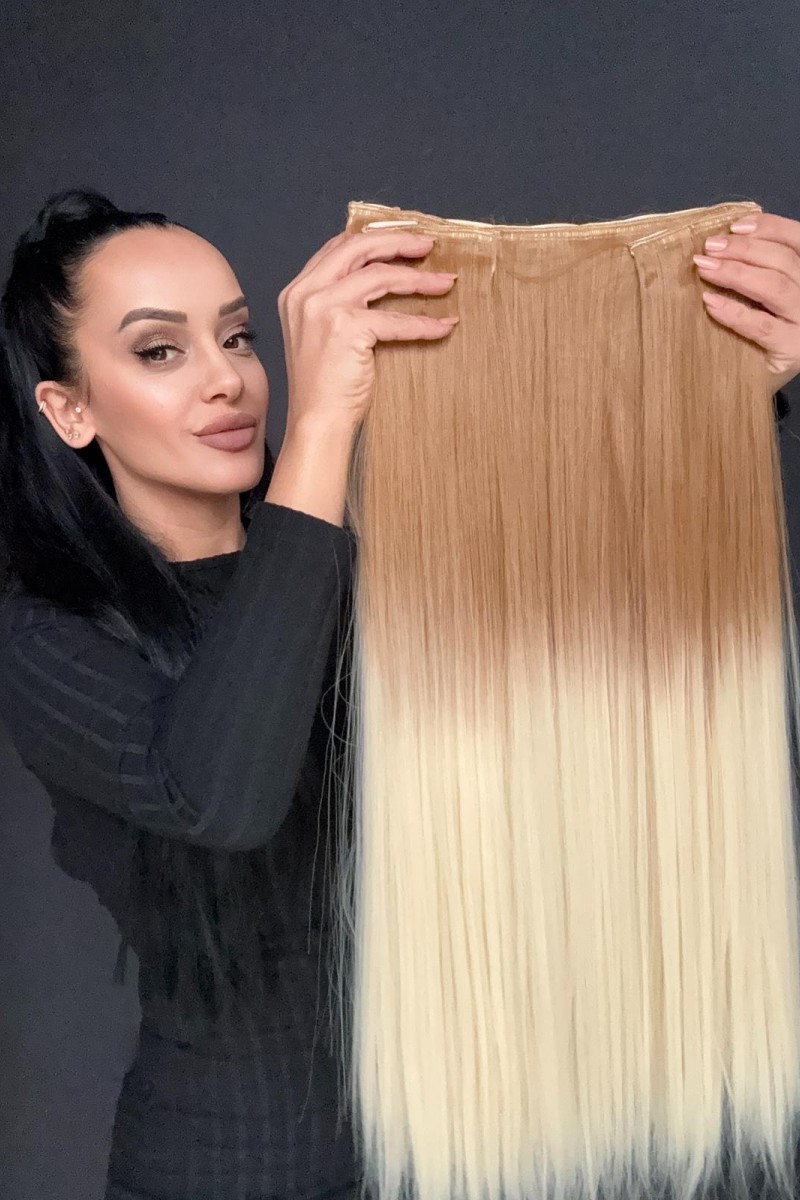 Sarı ombreli Gerçek Saç Dokusunda Fiber sentetik Yarımay+2 yan çıtçıt saç