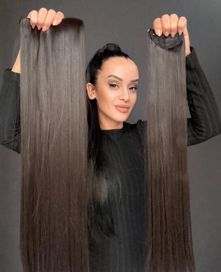 Gerçek Saç Dokusunda Fiber sentetik Yarımay+2 yan çıtçıt saç