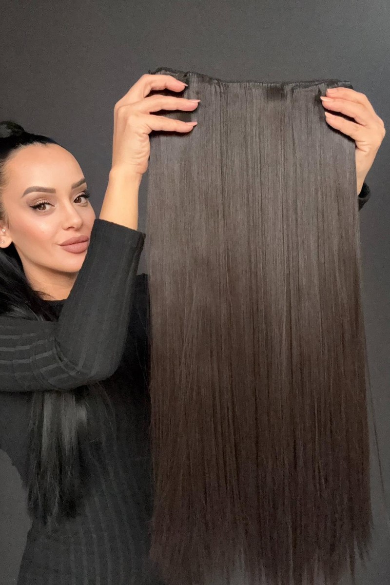 Koyu Kestane Gerçek Saç Dokusunda Fiber sentetik Yarımay+2 yan çıtçıt saç