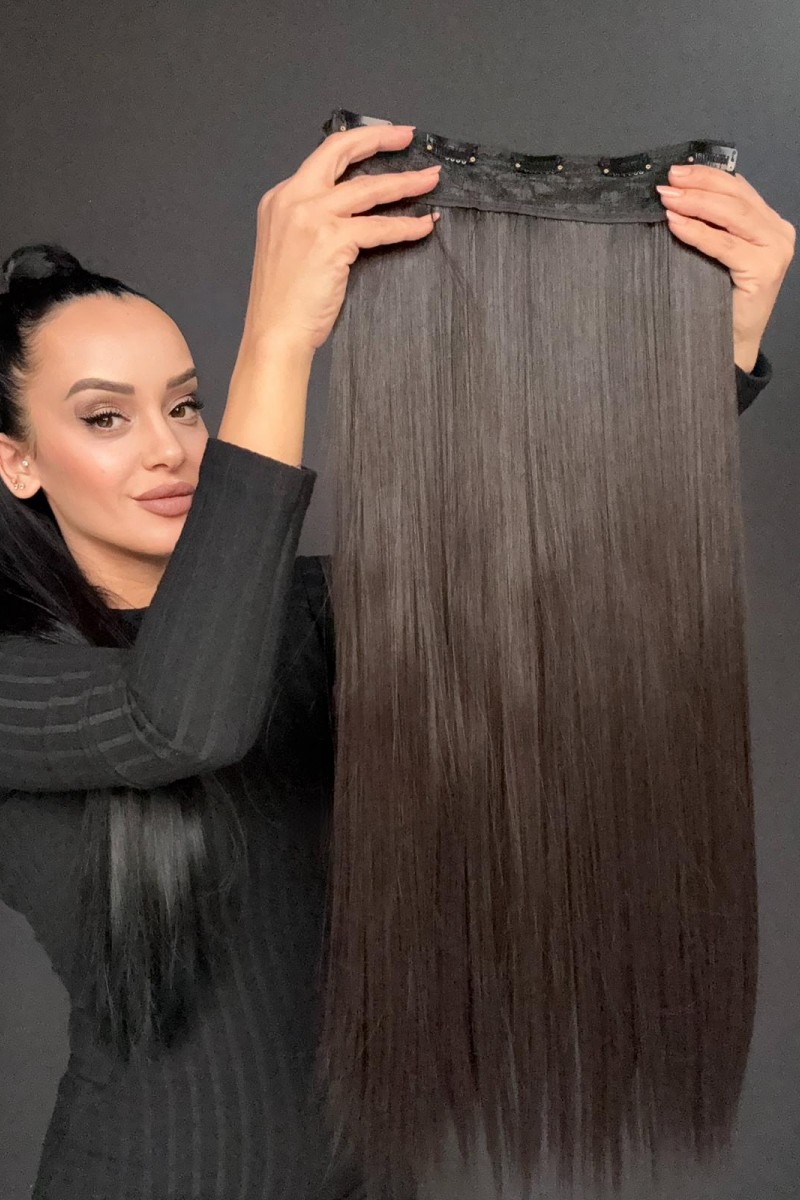 Koyu Kestane Gerçek Saç Dokusunda Fiber sentetik Yarımay+2 yan çıtçıt saç