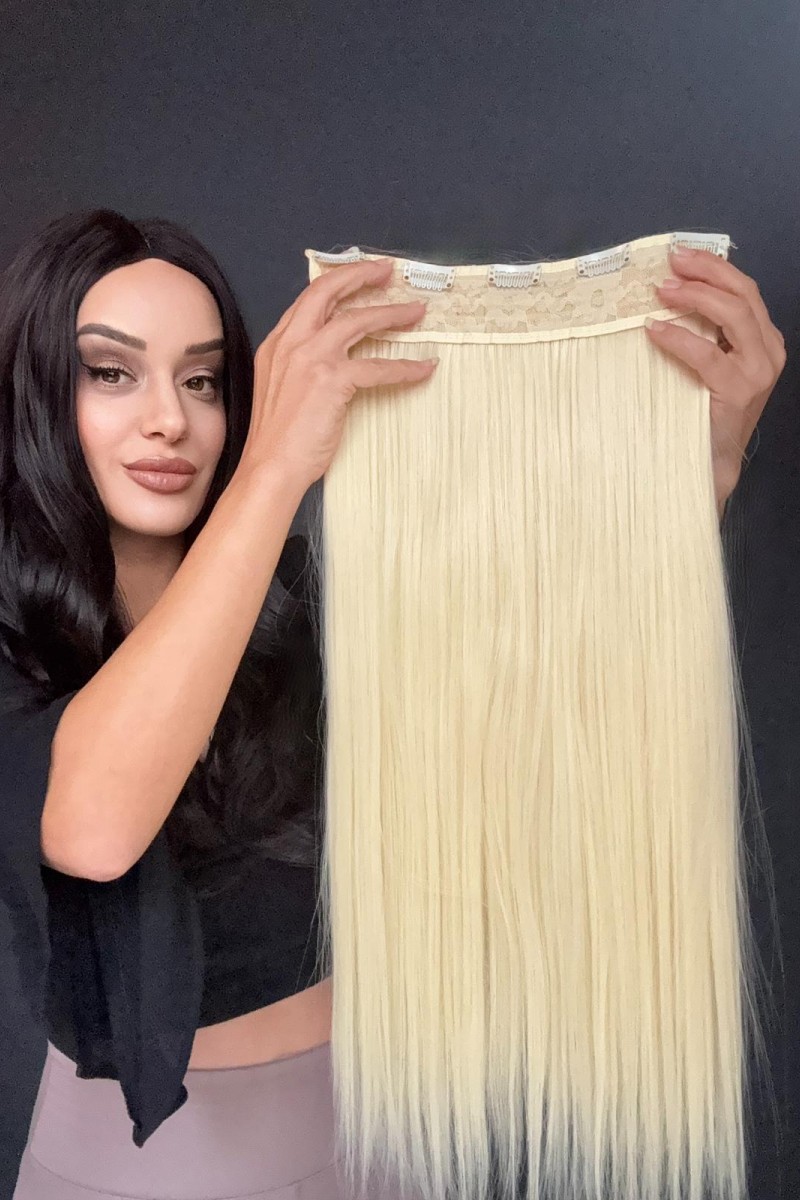 Sarı Gerçek Saç Dokusunda Fiber sentetik Yarımay+2 yan çıtçıt saç