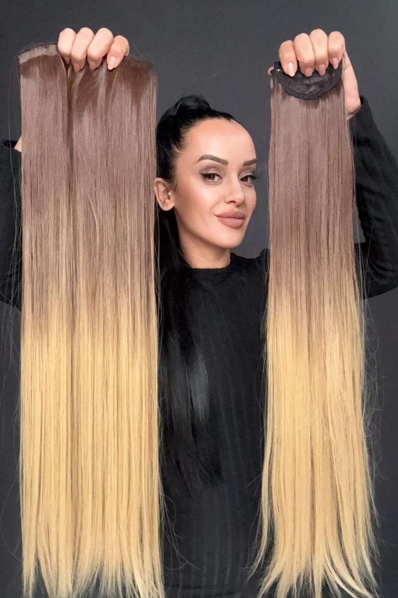 Ombreli Gerçek Saç Dokusunda Fiber sentetik Yarımay+2 yan çıtçıt saç