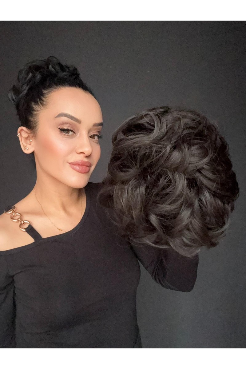 Saçlı Lastikli Topuz Toka - Koyu Kestane