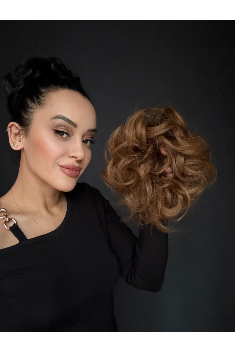 Saçlı Lastikli Topuz Toka - Karamel