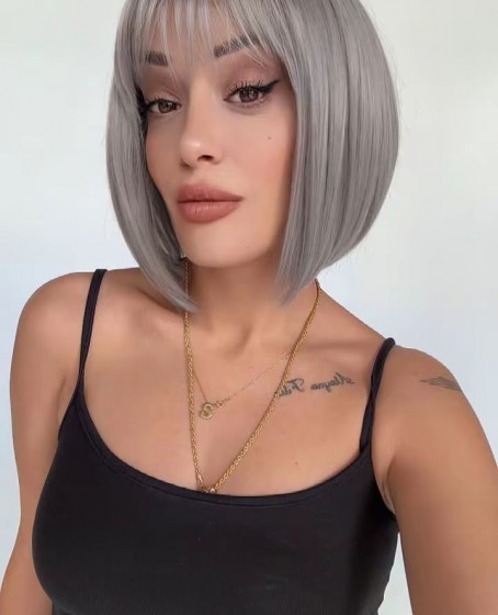 Gri Küt Perçemli Bob Kesim Medikal Peruk
