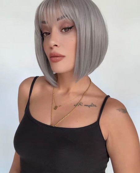 Gri Küt Perçemli Bob Kesim Medikal Peruk
