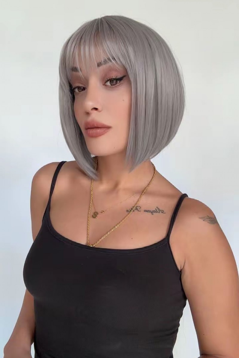 Gri Küt Perçemli Bob Kesim Medikal Peruk