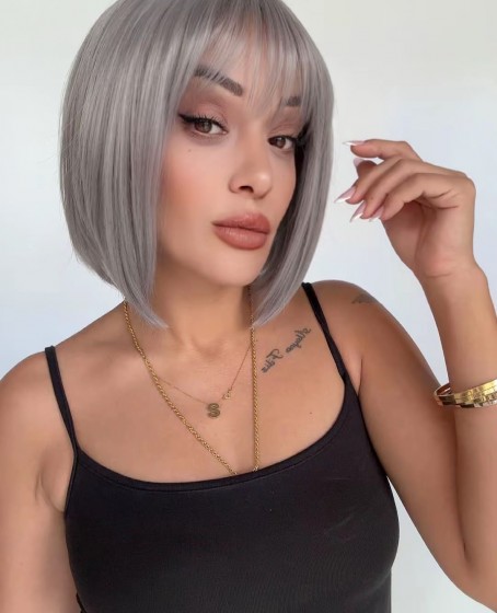 Gri Küt Perçemli Bob Kesim Medikal Peruk