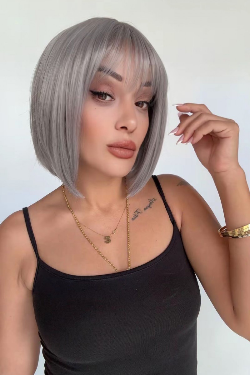 Gri Küt Perçemli Bob Kesim Medikal Peruk